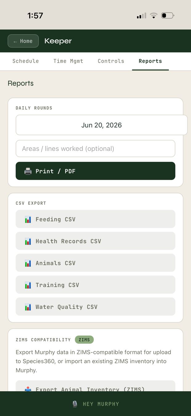 Keeper Reports - exports and ZIMS