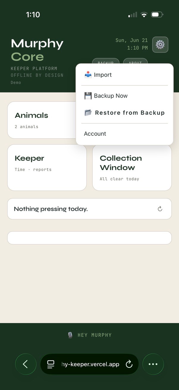 Gear menu - Backup, Restore, Account